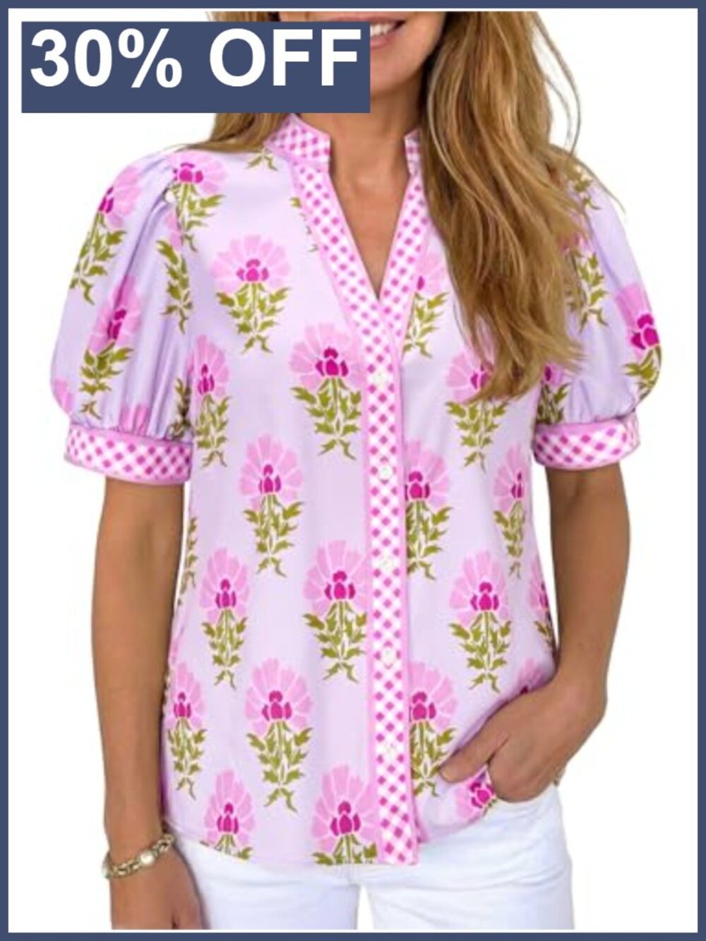 Womens Puff Sleeve Button Down Floral V Neck Blouse Top